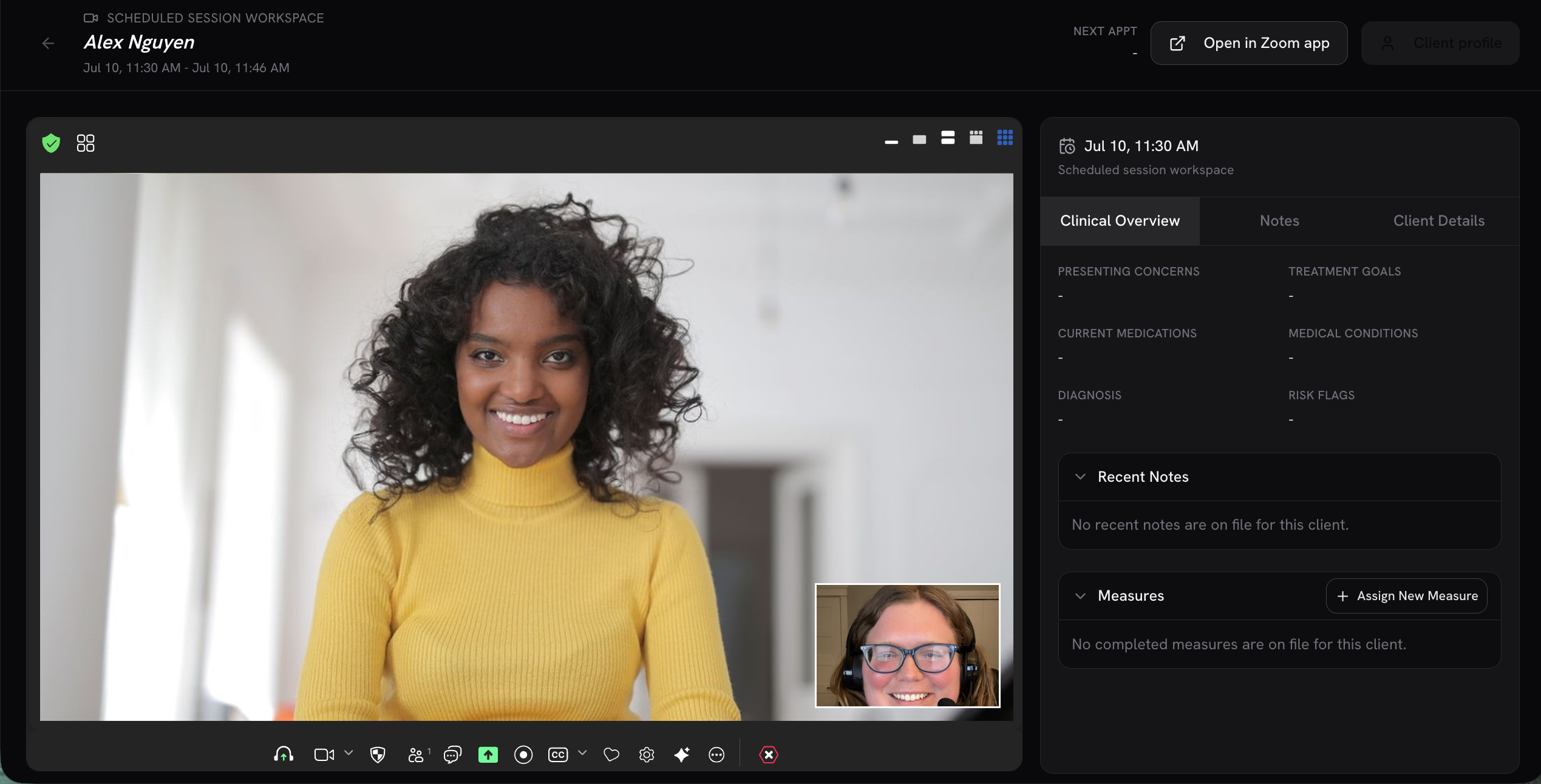The Better session workspace — telehealth beside the clinical overview, notes, and measures